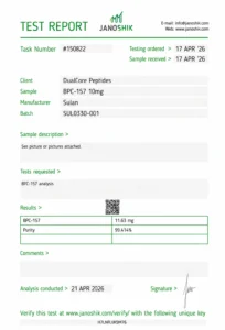 BPC-157 10mg certificate of analysis, batch SUL0330-001, tested by Janoshik Analytical