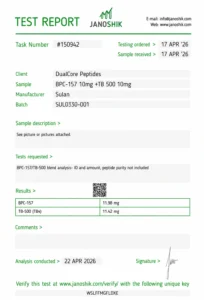 BPC-157 / TB-500 20mg certificate of analysis, batch SUL0330-001, tested by Janoshik Analytical