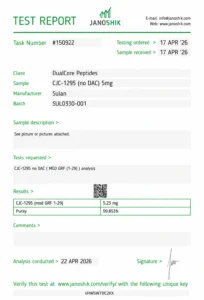 CJC-1295 (no DAC) 5mg certificate of analysis, batch SUL0330-001, tested by Janoshik Analytical