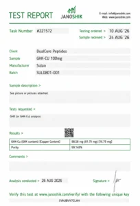GHK-Cu 100mg certificate of analysis, batch SUL0801-001, tested by Janoshik Analytical