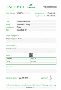 Ipamorelin 10mg certificate of analysis, batch SUL0330-001, tested by Janoshik Analytical