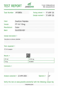 PT-141 10mg certificate of analysis, batch SUL0330-001, tested by Janoshik Analytical