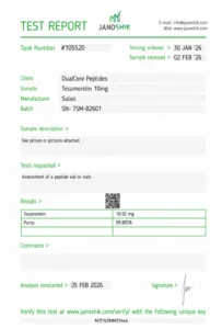 Tesamorelin 10mg certificate of analysis, batch SN-TSM-B2601, tested by Janoshik Analytical